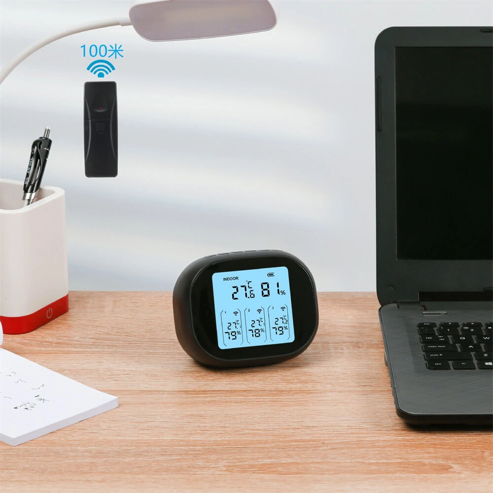 3-in-1 Wireless Hygrometer with Dual Sensors Indoor Outdoor Temperature Humidity Gauge 433Mhz 100m Range USB Charging 2000mAh Battery Max Min Memory Adjustable Brightness — view 7