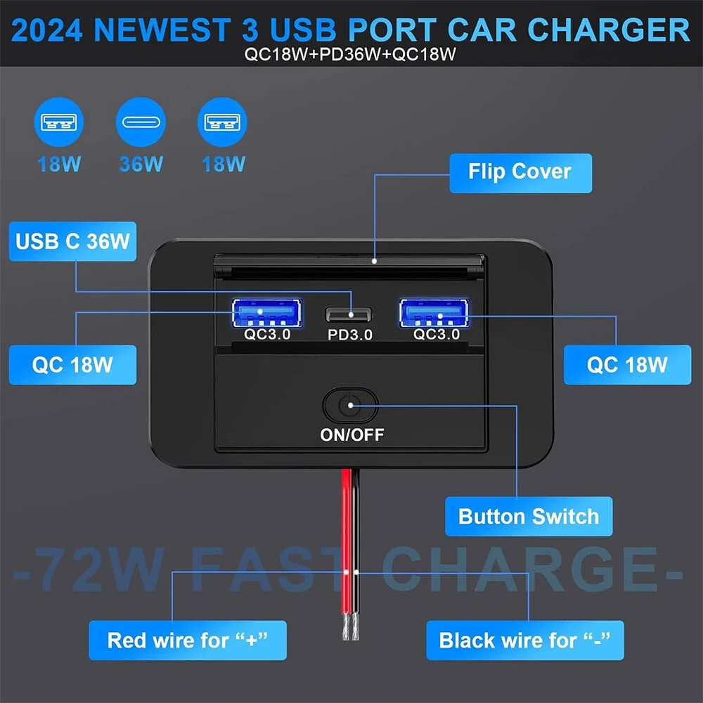 3 Port Car Charger Socket Multiple Device Charging 12V RV USB Outlet 72W Dual USB C 36W and Dual QC 3.0 18W Port for Car Bus RV Truck — view 4