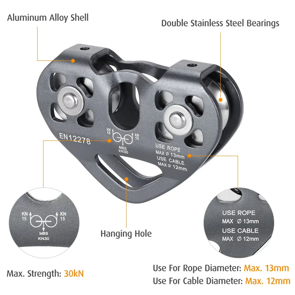 30 kN Zipline Trolley Dual Pulley for 13mm Rope 12mm Cable Aluminum Alloy Climbing Caving Rescue Aloft Work — view 7
