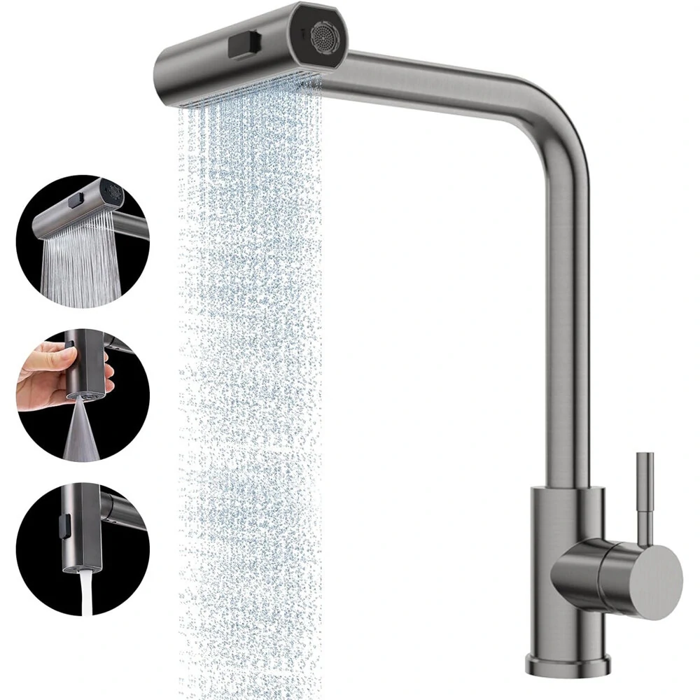 304 Stainless Steel Kitchen Faucet Pull Out Rotation Waterfall Stream Sprayer Brushed Nickel High Efficiency Cleaning Elegant Design Sink Mixer Tap Accessory — Pricio