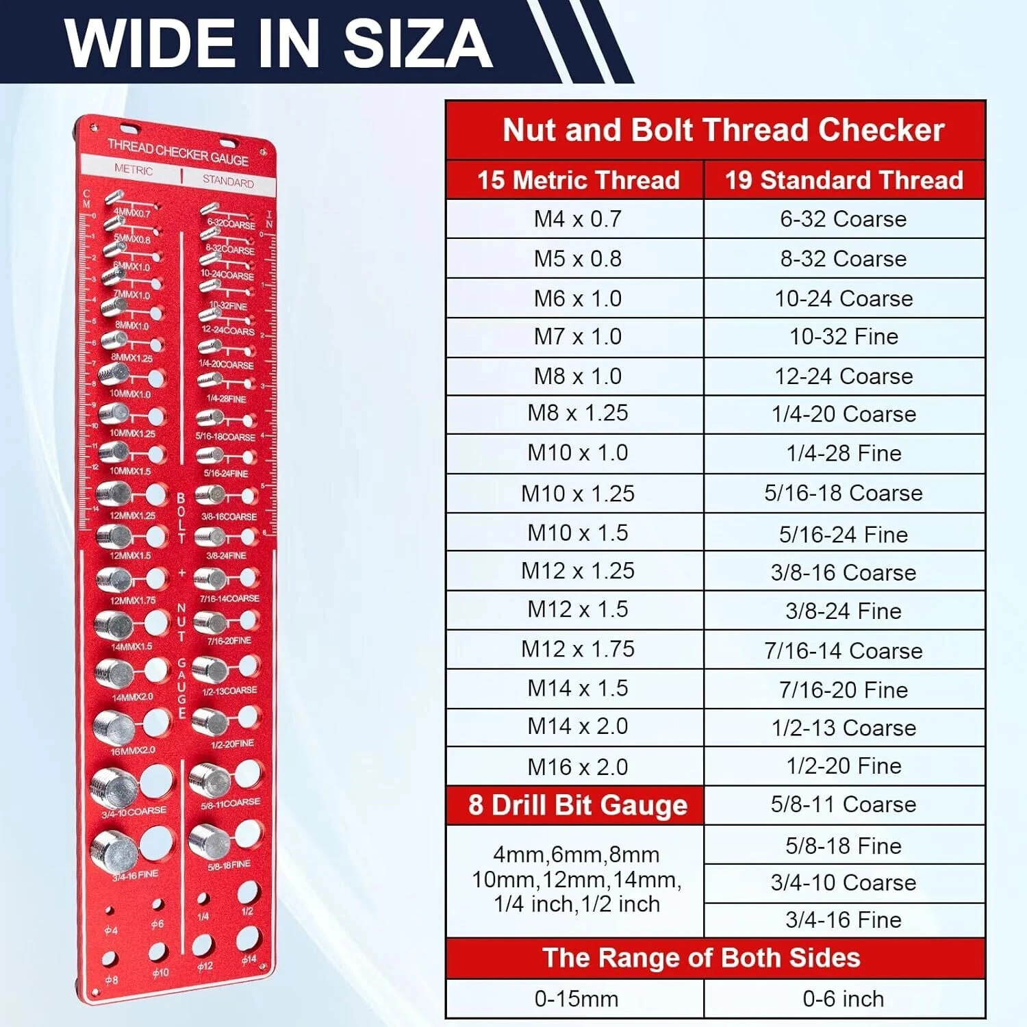 34 Sizes Thread Checker Nut And Bolt Gauge Metric M4 To M16 8 Drill Bit Gauge Aluminum Alloy Thread Measuring Tool — view 2
