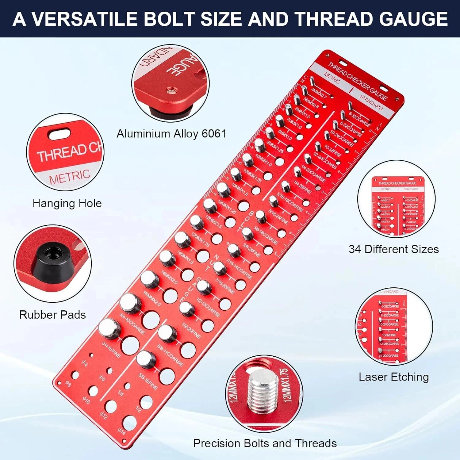 34 Sizes Thread Checker Nut And Bolt Gauge Metric M4 To M16 8 Drill Bit Gauge Aluminum Alloy Thread Measuring Tool — view 3