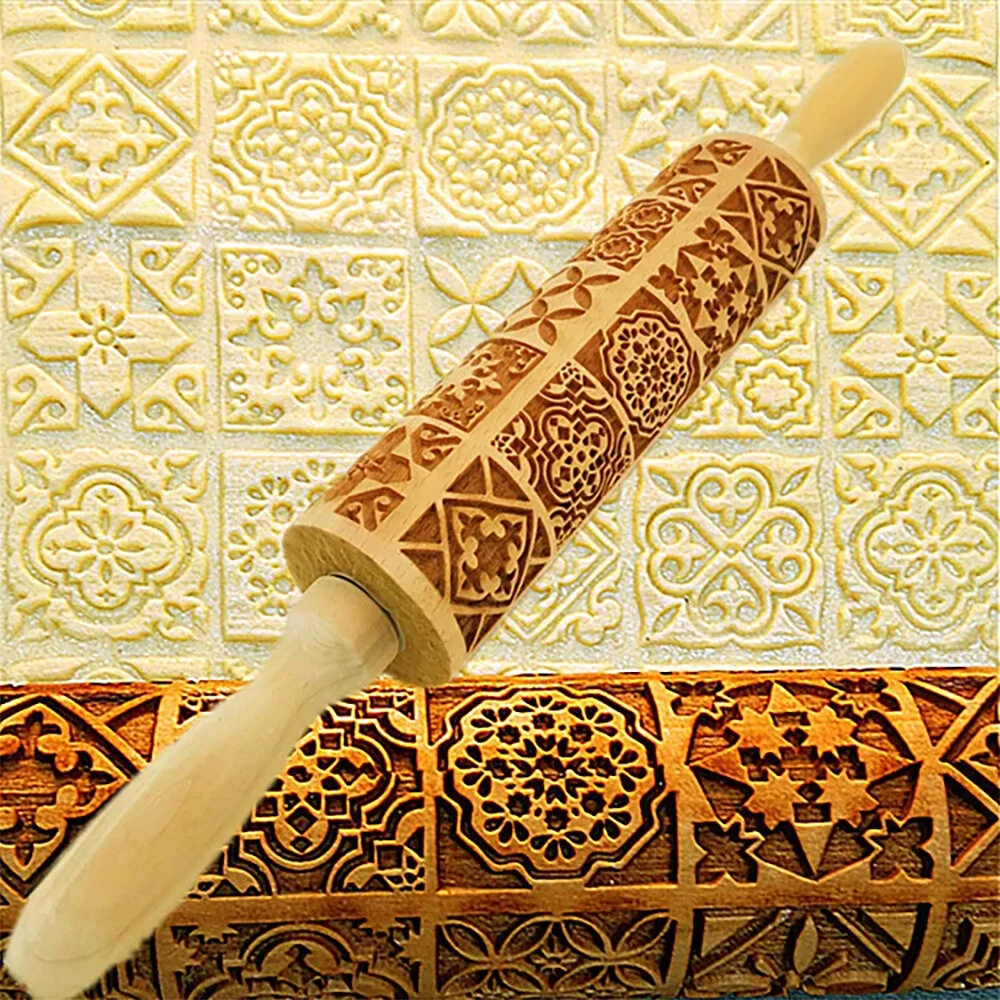 35x4.5cm Wooden Embossed Rolling Pin Biscuit Roller Christmas Baking Biscuit Cake Wooden for Pasta Cookie Dough Pastries Bakery Items Pizza — view 4