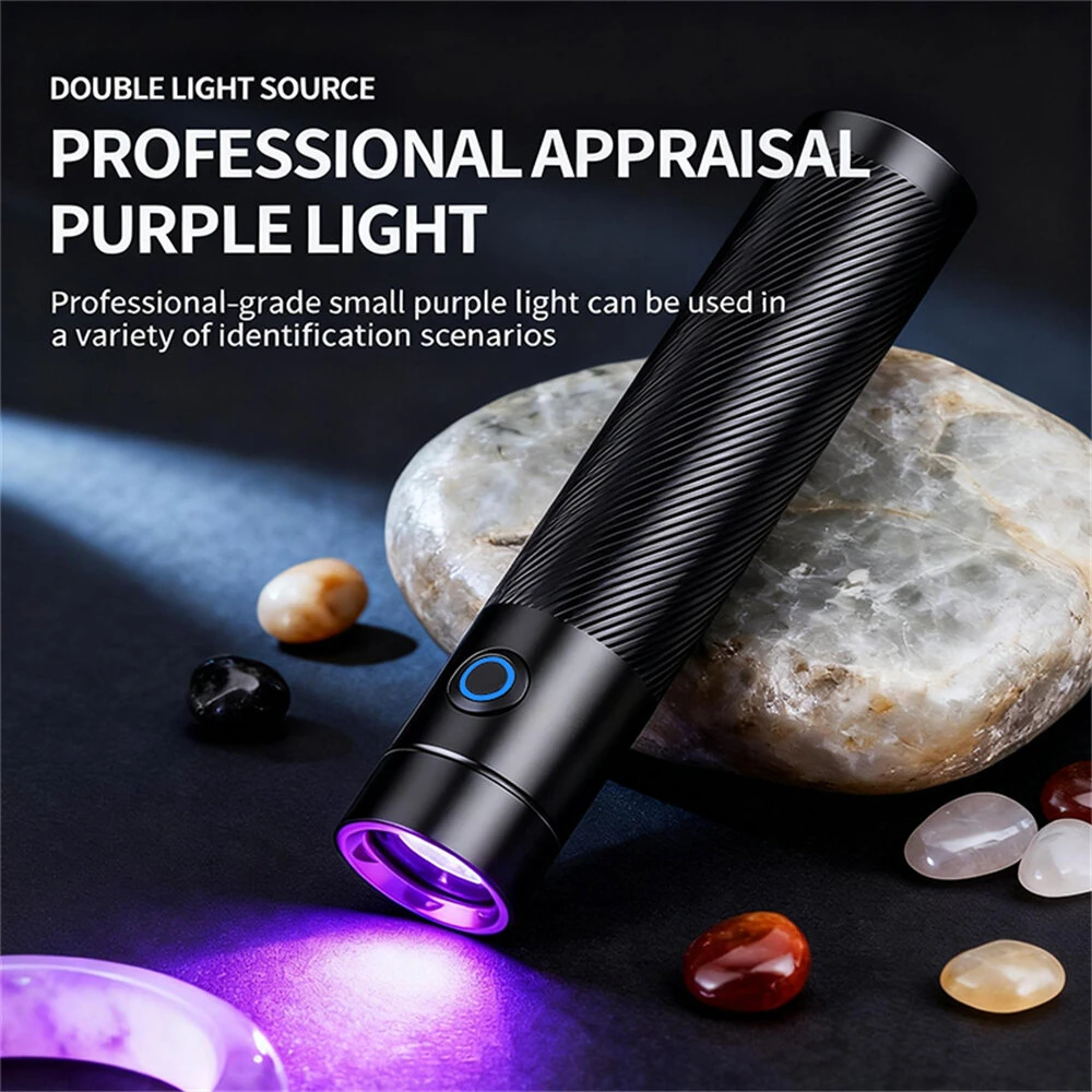 365NM UV MINI Flashlight Black Mirror Purple Light+ Red Beam Type C Rechargeable Filtered LED Ultraviolet Mini Torch Pet Pee Urine Rocks Gem Money UV Light — view 4