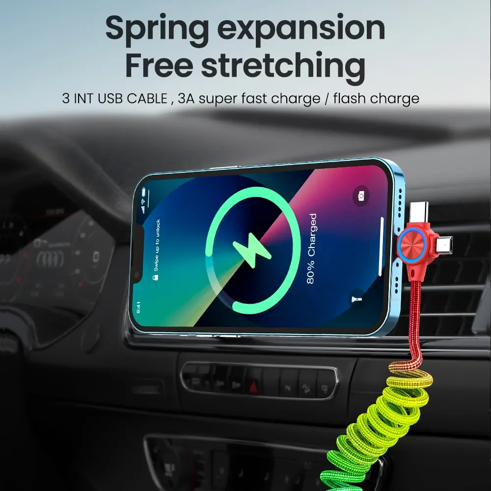 3A 3in 1 USB-A to iP/Type-C/Micro USB Spring Cable Fast Charging Data Transmission Copper Core Line 1M Long for Huawei Mate50 for Samsung Galaxy S23 for Xiaomi 13 for Oppo Reno9 for iPhone 12 13 14 14Pro 14 Pro Max — view 4