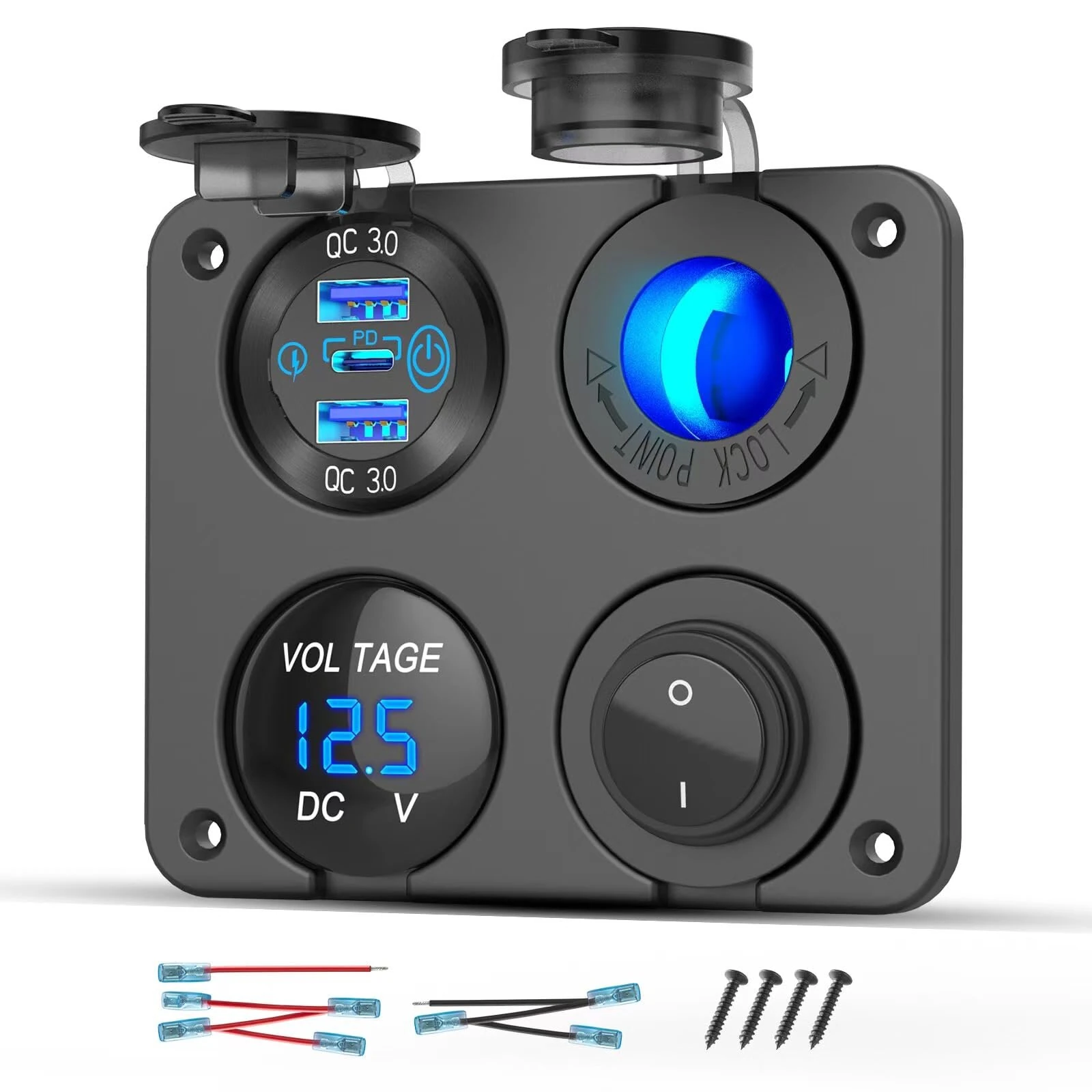 4 In 1 12V Marine Switch Panel Dual PD30W QC18W Car USB Port Aluminum Charger Lighted 150W Car Socket Blue LED Voltmeter and Rocker Switch — image 1