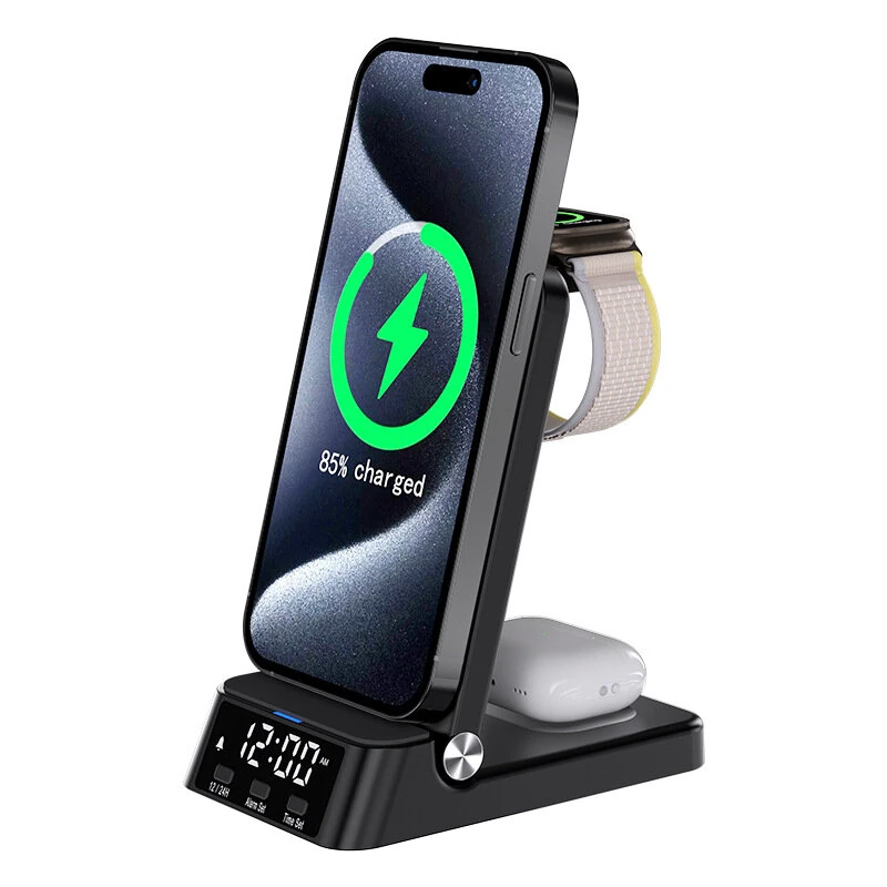 4-in-1 Foldable Alarm Clock 15W Wireless Charger Phone Bracket Fast Wireless Charging Stand for iPhone 17 17 Pro 16 Pro Max 15 14 13 for Huawei Mate XTs for Xiaomi 17pro for Samsung Galaxy S25 Ultra Apple Watch for Airpods — Pricio