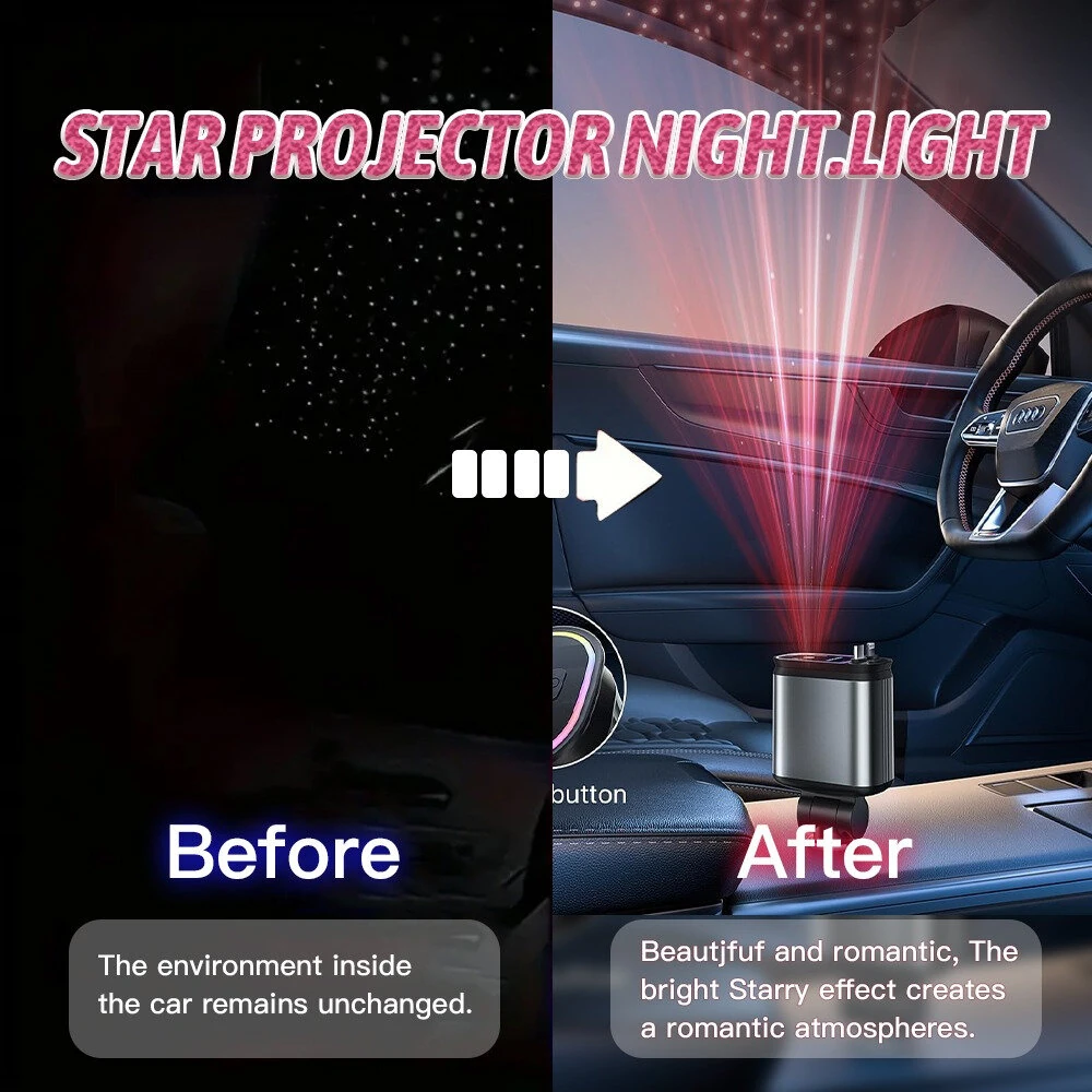 4 in 1 High Power 66W Super Fast Retractable Car Charger with Star Projector Night Light Car Mood Light for iOS and Android — view 10
