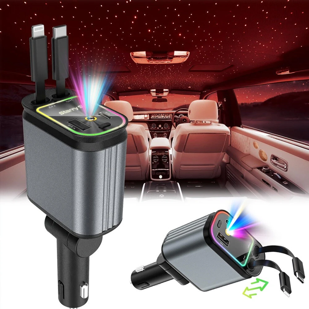 4 in 1 High Power 66W Super Fast Retractable Car Charger with Star Projector Night Light Car Mood Light for iOS and Android — view 2