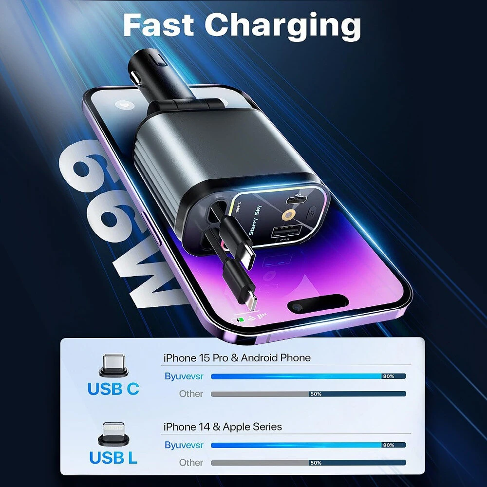 4 in 1 High Power 66W Super Fast Retractable Car Charger with Star Projector Night Light Car Mood Light for iOS and Android — view 4