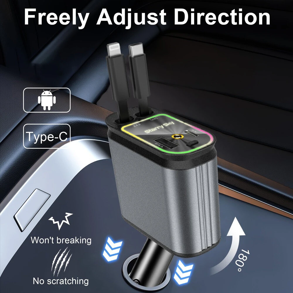4 in 1 High Power 66W Super Fast Retractable Car Charger with Star Projector Night Light Car Mood Light for iOS and Android — view 5