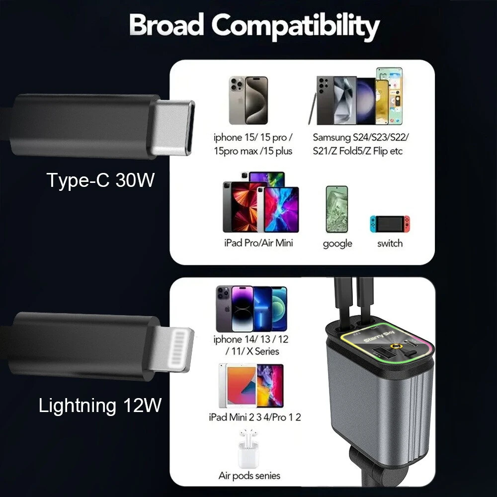 4 in 1 High Power 66W Super Fast Retractable Car Charger with Star Projector Night Light Car Mood Light for iOS and Android — view 7
