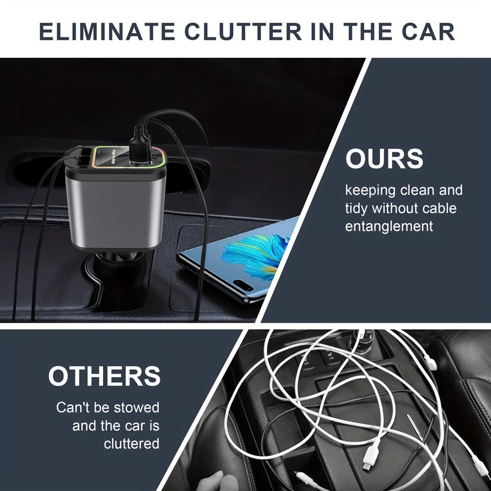 4 in 1 High Power 66W Super Fast Retractable Car Charger with Star Projector Night Light Car Mood Light for iOS and Android — view 8