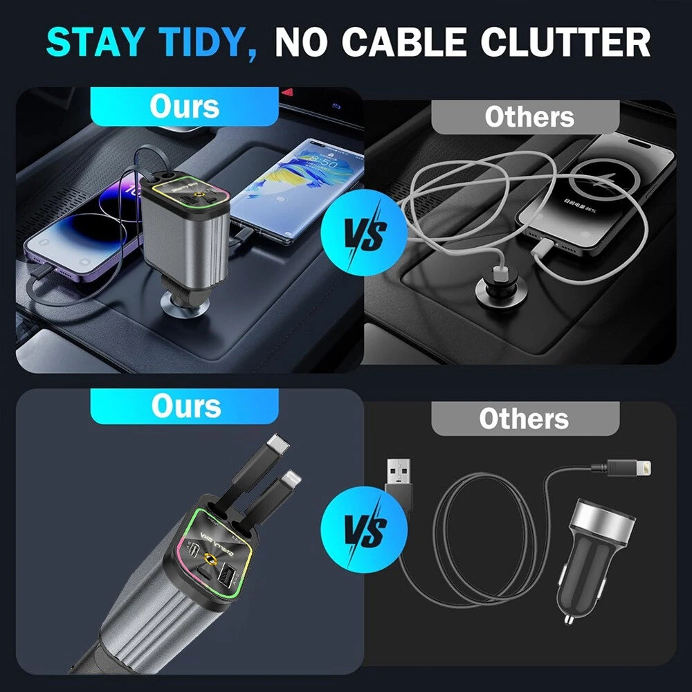 4 in 1 High Power 66W Super Fast Retractable Car Charger with Star Projector Night Light Car Mood Light for iOS and Android — view 9