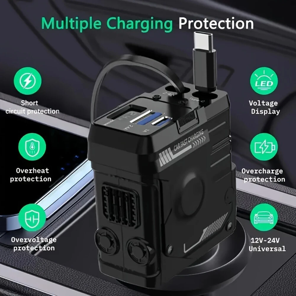 4 in 1 Retractable Car Charger Support 120W USB C Car Charger Adapter with 2 USB Ports Car Phone Charger for Samsung — view 8
