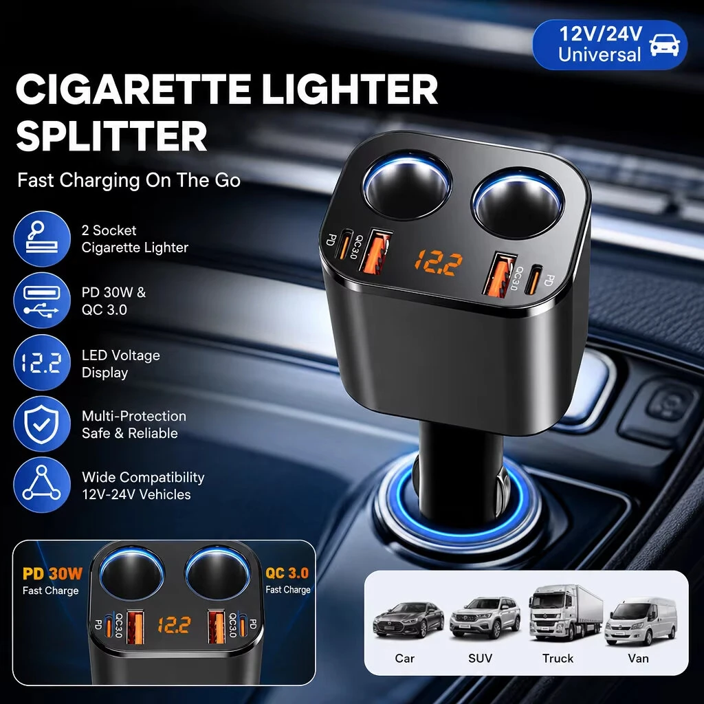 4-in-1 USB PD Car Charger Adapter 2USB-A+2USB-C+2 CigaretteLighter Support PD QC3.0 Fast Charging with Orange LED for iPhone 17 17Pro 16 Pro Max 15 14 13 for Huawei Mate XTs for OPPO for VIVO — view 3