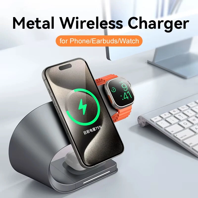 4 in 1 Wireless Magnetic Charger Metal Shell Fast Wireless Charging Station Stand Dock for Smart Phone for iPhone 17 17Pro 16 15 Pro Max for SAMSUNG for XIAOMI for Apple Watch for Airpods — view 2