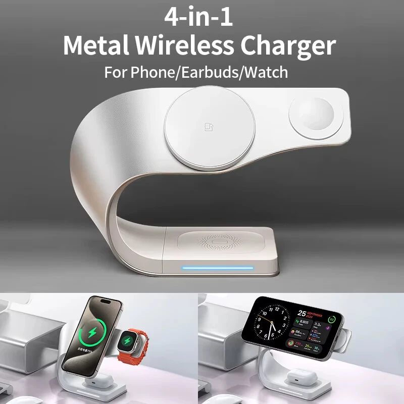 4 in 1 Wireless Magnetic Charger Metal Shell Fast Wireless Charging Station Stand Dock for Smart Phone for iPhone 17 17Pro 16 15 Pro Max for SAMSUNG for XIAOMI for Apple Watch for Airpods — view 3