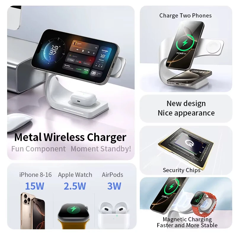 4 in 1 Wireless Magnetic Charger Metal Shell Fast Wireless Charging Station Stand Dock for Smart Phone for iPhone 17 17Pro 16 15 Pro Max for SAMSUNG for XIAOMI for Apple Watch for Airpods — view 6