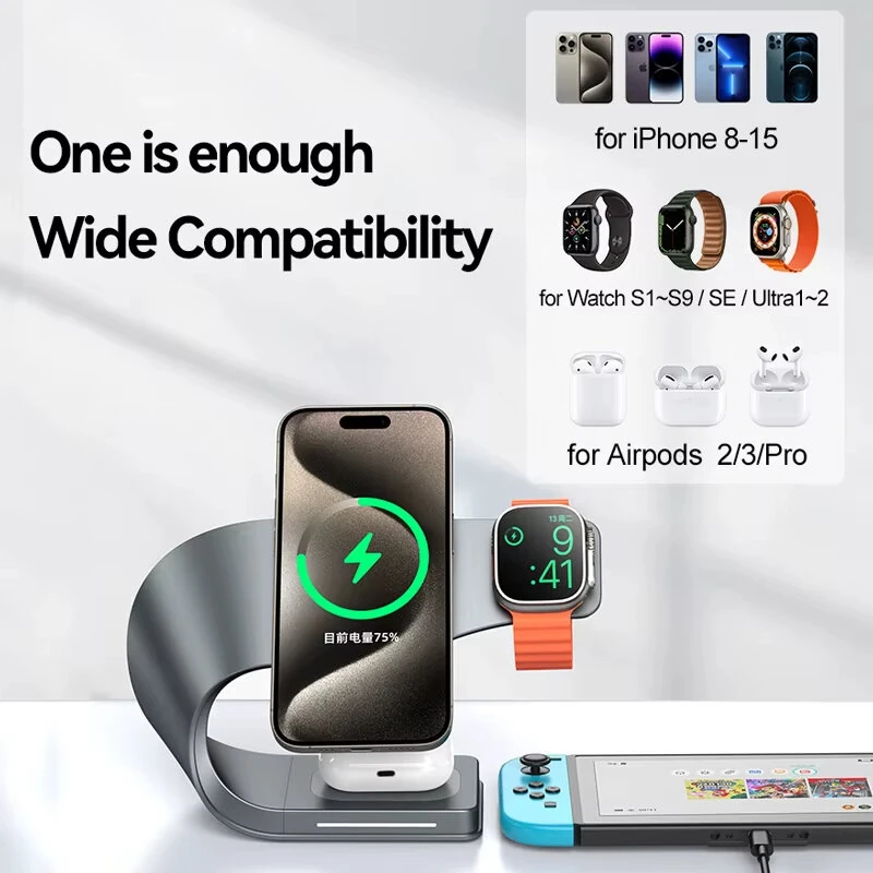 4 in 1 Wireless Magnetic Charger Metal Shell Fast Wireless Charging Station Stand Dock for Smart Phone for iPhone 17 17Pro 16 15 Pro Max for SAMSUNG for XIAOMI for Apple Watch for Airpods — view 7