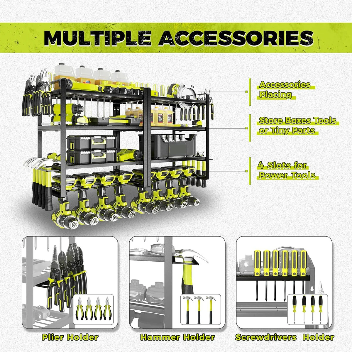 4 Layers Heavy Duty Iron Tool Storage Rack Wall Mount Organizer Battery Charging Station Drill Slots Easy Installation for Garage Workshop — view 3