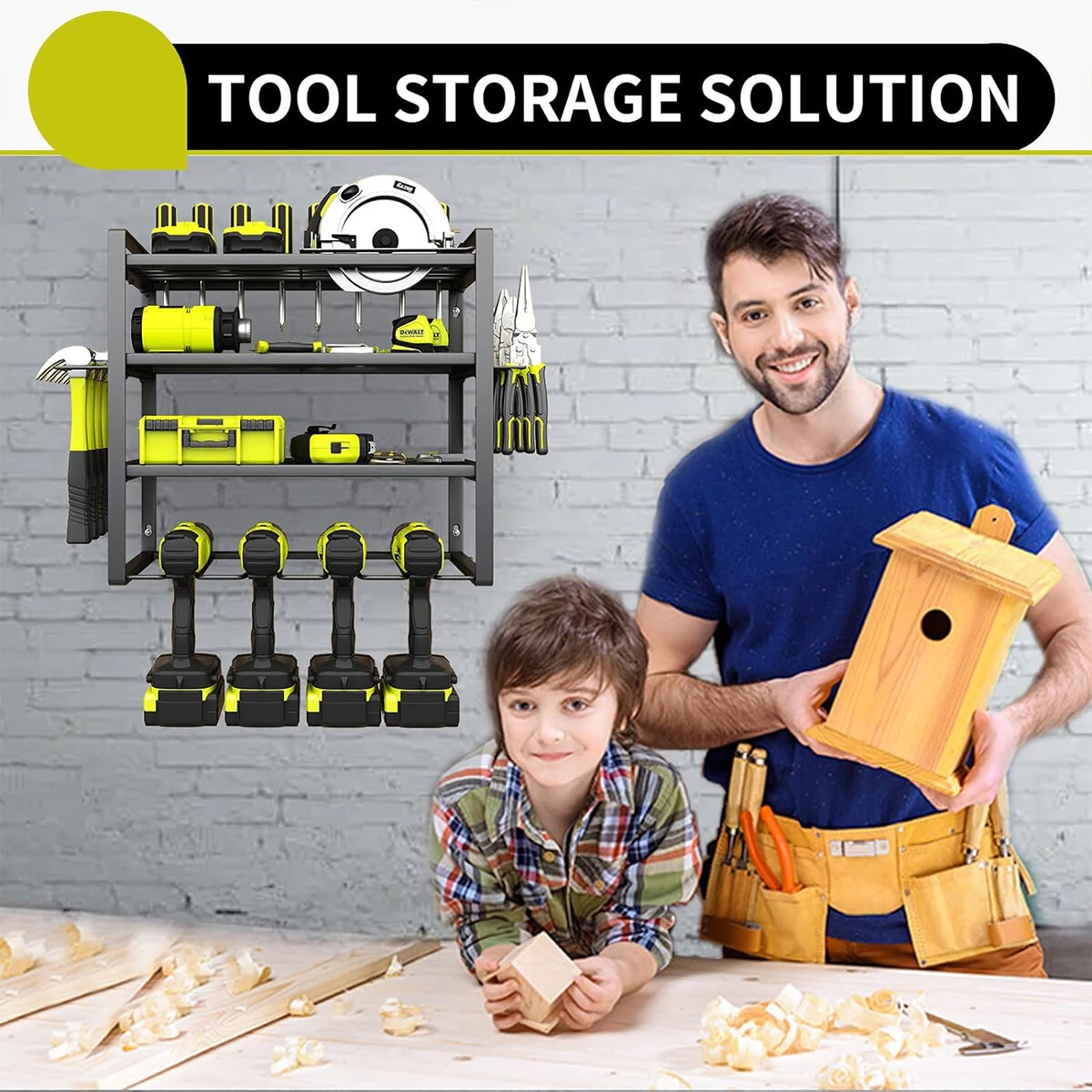 4 Layers Heavy Duty Iron Tool Storage Rack Wall Mount Organizer Battery Charging Station Drill Slots Easy Installation for Garage Workshop — view 5
