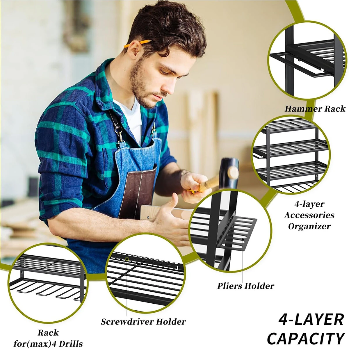 4 Layers Heavy Duty Iron Tool Storage Rack Wall Mount Organizer Battery Charging Station Drill Slots Easy Installation for Garage Workshop — view 6