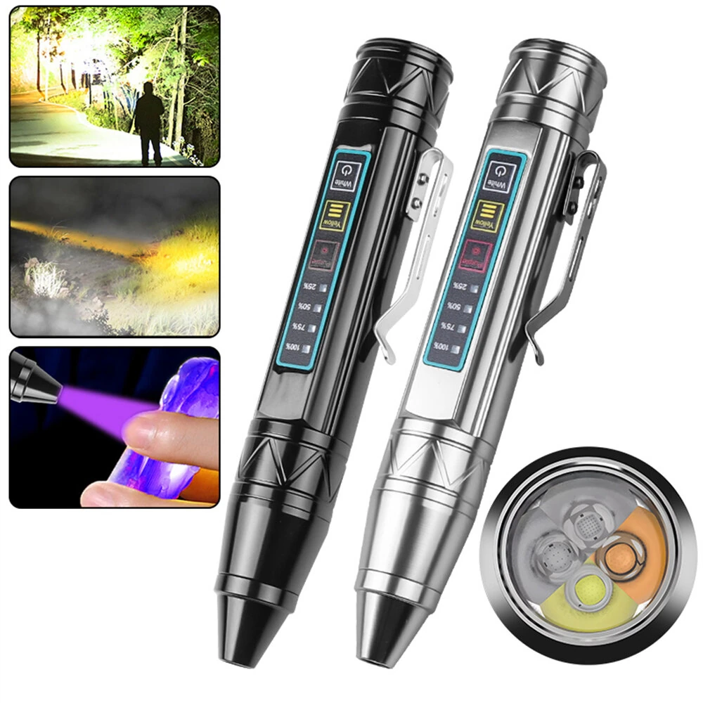 4 LED Light Sources Pen Shape Flashlight 365nm+395nm+Yellow+White USB Rechargeable Money Pet Urine Ore Cat Fluorescent Marker Check UV Light Camping Light Inspection Light
