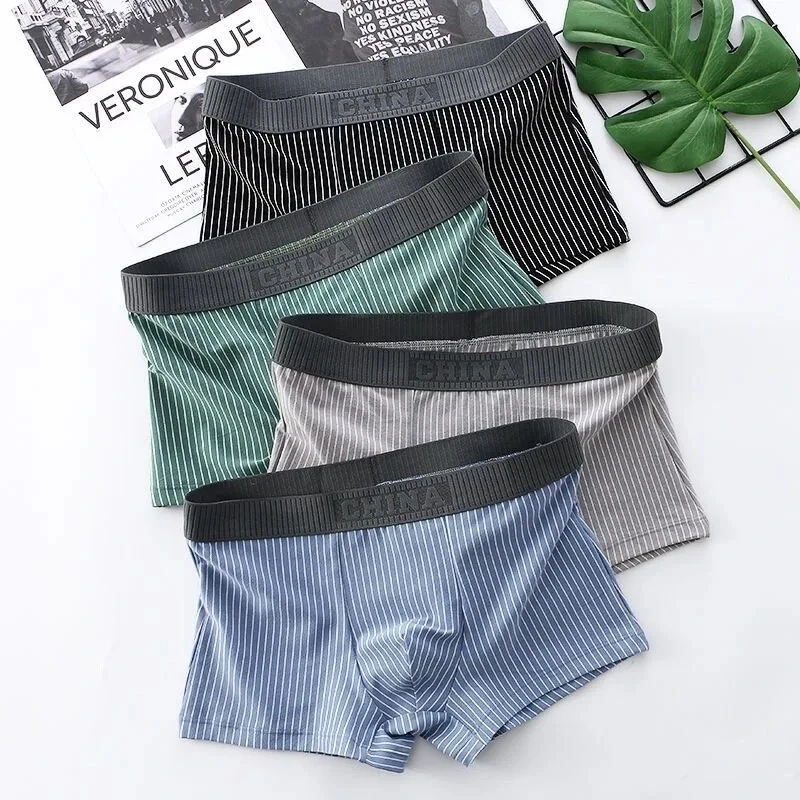 4 Pcs Men's Underwear Fashion Striped Boxer Briefs Trend Pure Cotton Boxing Shorts Comfy Breathable Men Underwear Set Plus Size L-5XL — view 11