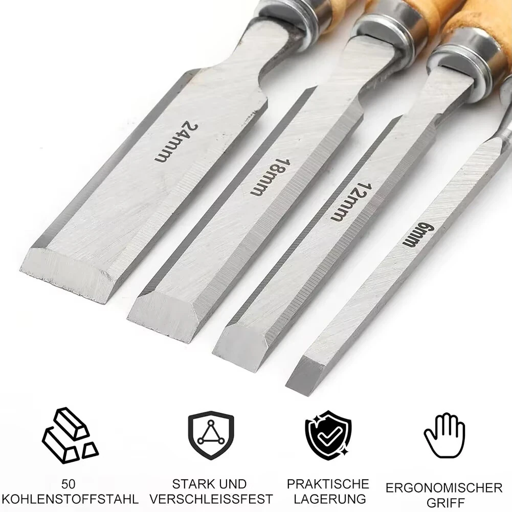 4 Piece Wood Chisel Set 6mm 12mm 18mm 24mm Wood Chisel Chrome Vanadium Steel Carpenter Woodworking Carving Gouge — view 2