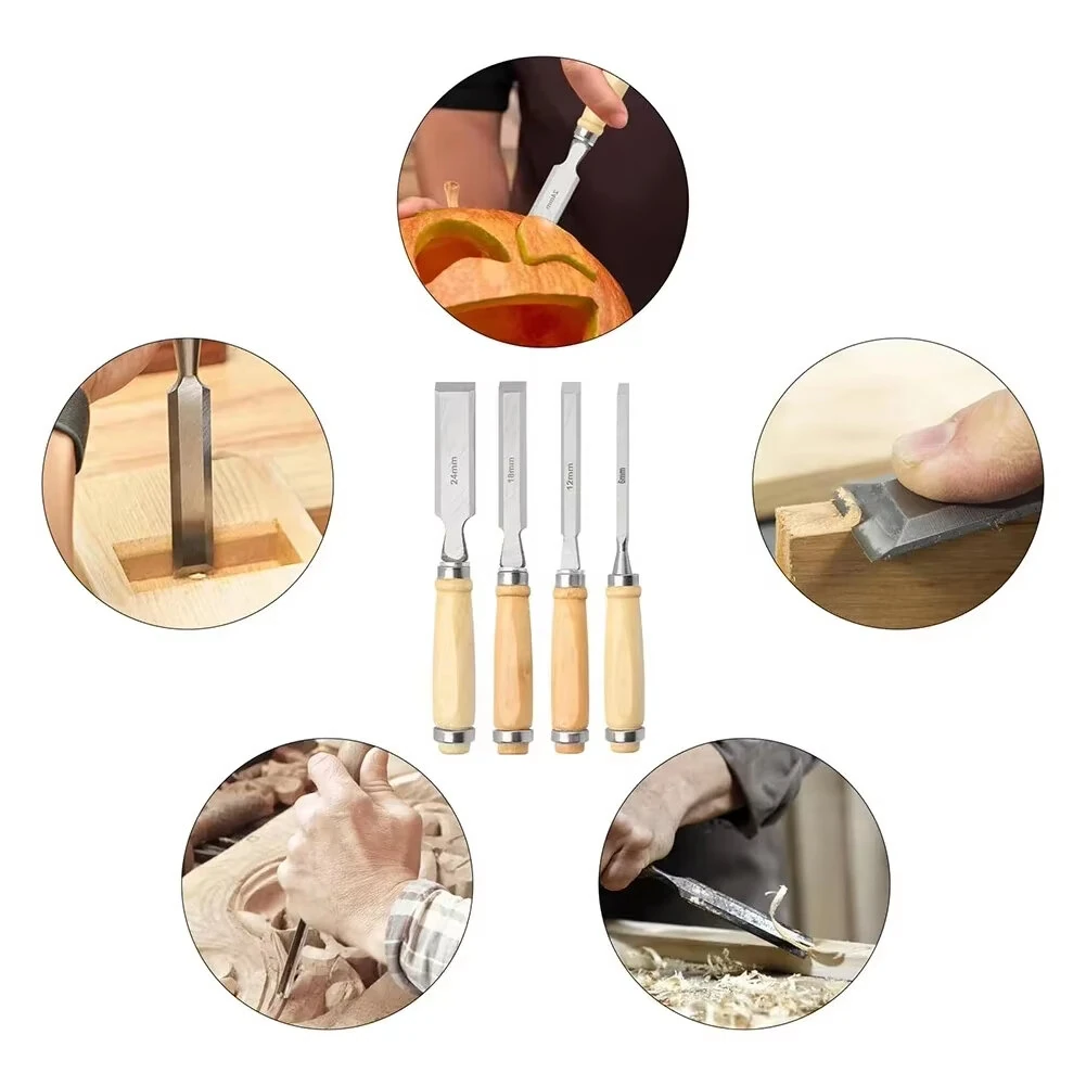 4 Piece Wood Chisel Set 6mm 12mm 18mm 24mm Wood Chisel Chrome Vanadium Steel Carpenter Woodworking Carving Gouge — view 4