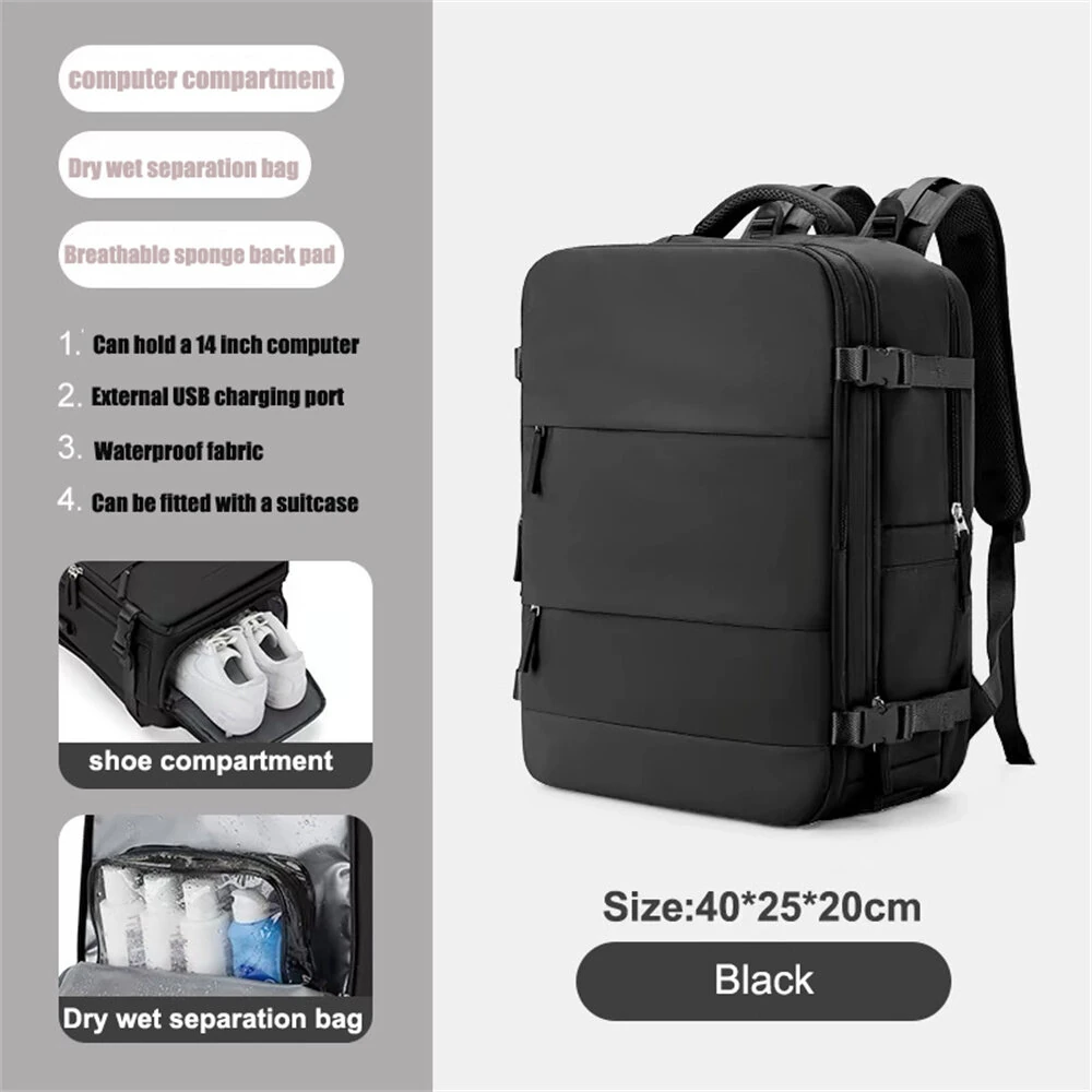 40*25*20cm Waterproof Nylon Travel Backpack 180° Open Design Laptop Clothing Shoes Compartment Luggage Bag with Trolley Strap — view 3