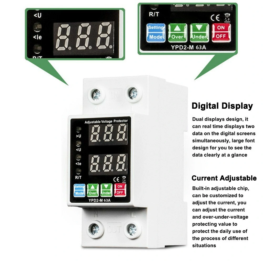 40A 63A Rated Current Automatic Reclosing Protector with Overvoltage Undervoltage Overcurrent Protection Real-Time Dual Digital Display Adjustable Current 230-280V Voltage Protection — view 5