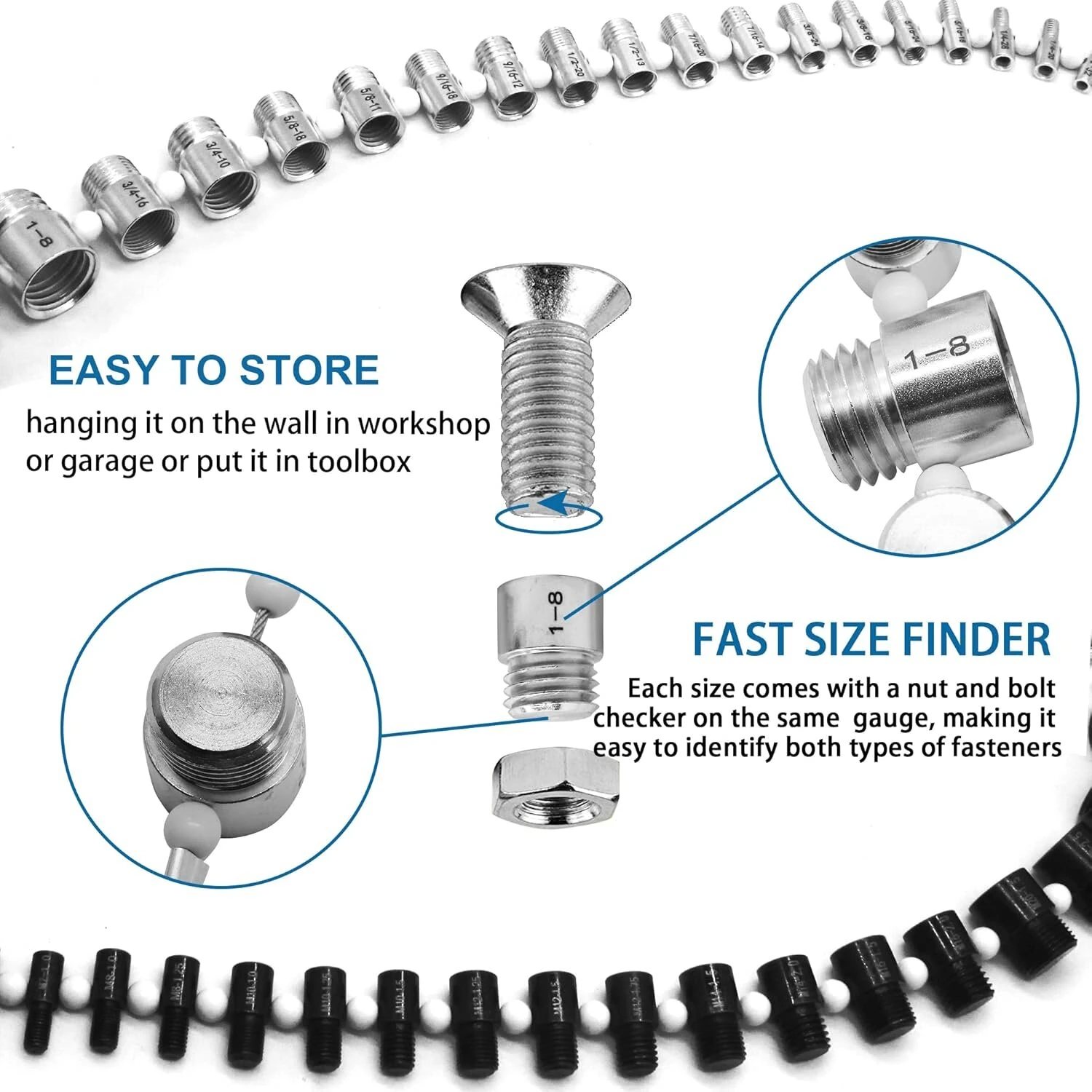 44PCS Thread Checker Nut & Bolt SWTC-44 Bundle 23 Inch & 21 Metric Sizes Stainless Steel Male Female Gauges Nut and Bolt Checker Set White & Black — view 6
