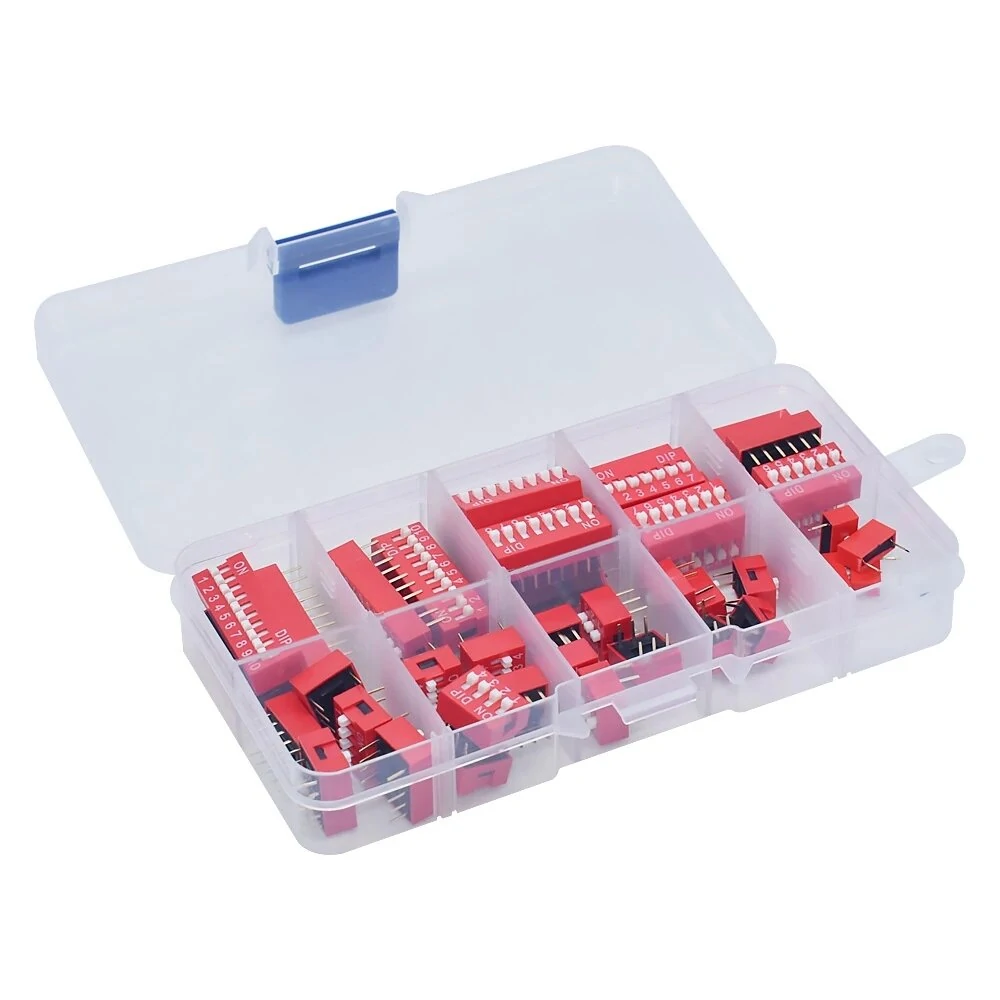 45Pcs Dip Switch Kit 2.54mm Toggle Switch Red Snap Switches Mixed Kit In Box 1 2 3 4 5 6 7 8 10 Way Combination Set — image 1
