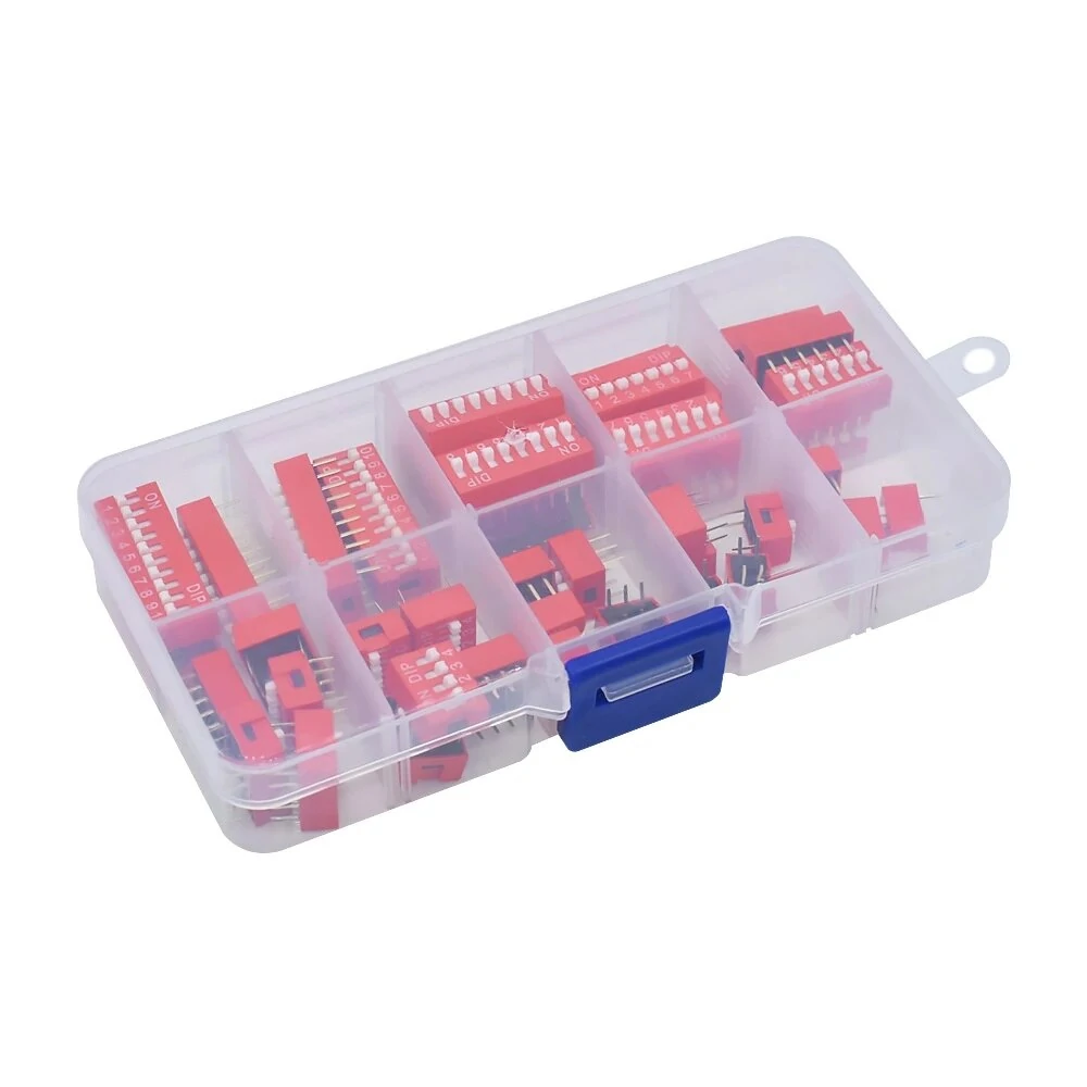 45Pcs Dip Switch Kit 2.54mm Toggle Switch Red Snap Switches Mixed Kit In Box 1 2 3 4 5 6 7 8 10 Way Combination Set — view 4