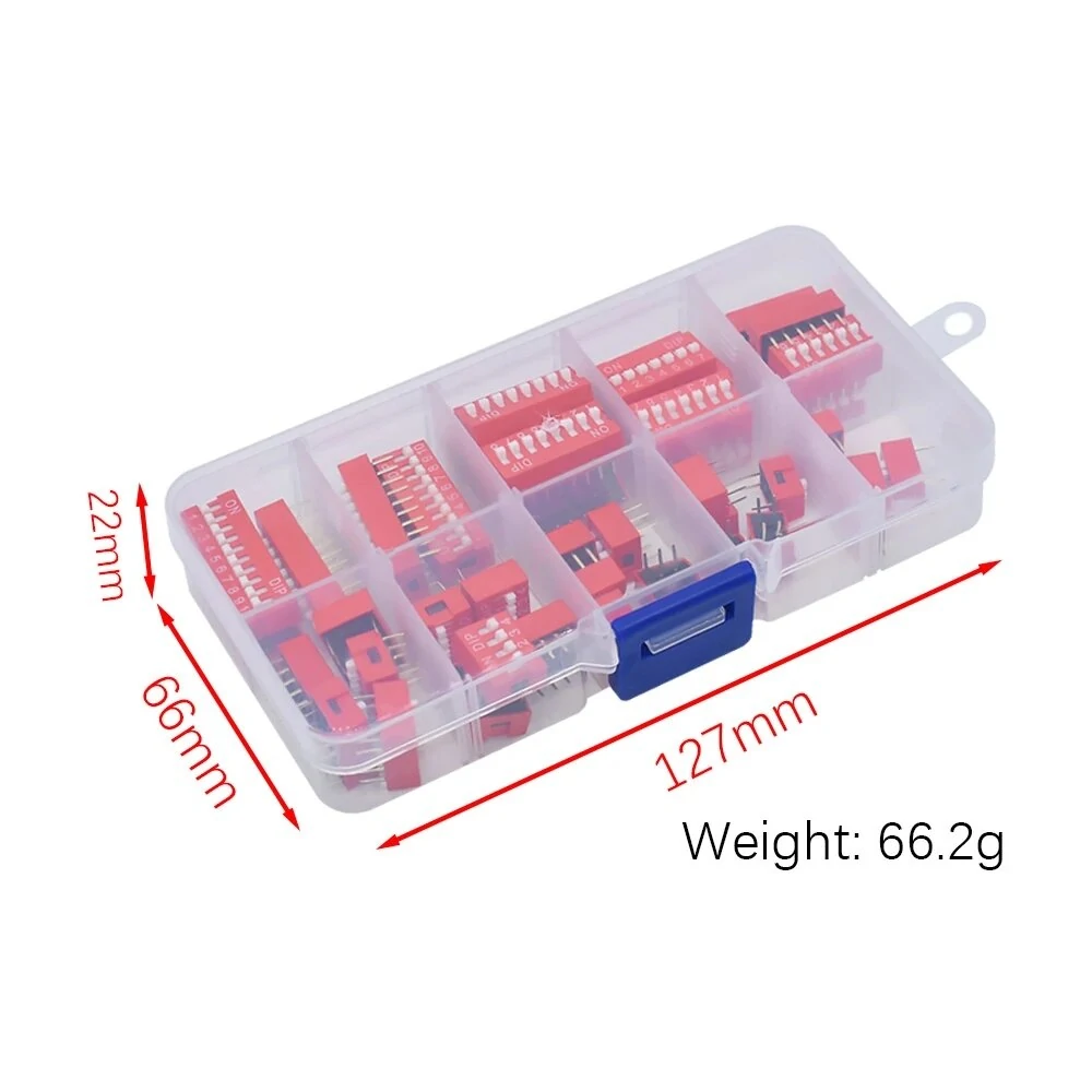 45Pcs Dip Switch Kit 2.54mm Toggle Switch Red Snap Switches Mixed Kit In Box 1 2 3 4 5 6 7 8 10 Way Combination Set — view 5