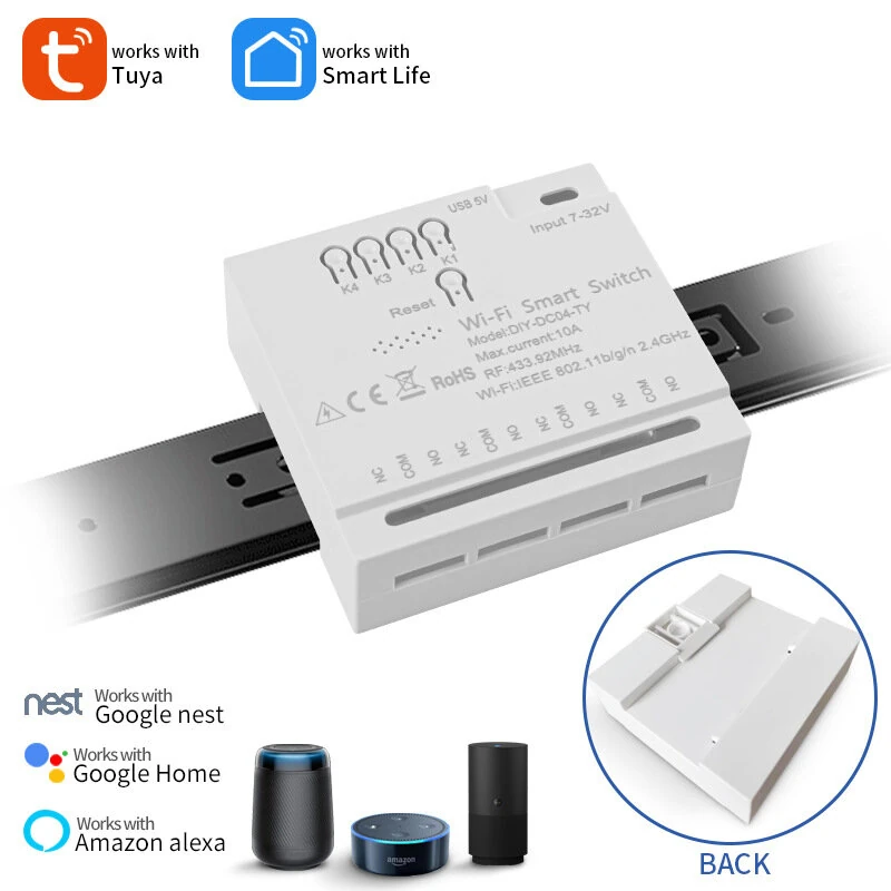 4CH Tuya WiFi Relay Smart Wireless Switch Module 4 Channels 7-32V 85-250V 2200W RF433 Remote Control 10A 4 Way Receiver with Alexa Smart Life APP — view 2