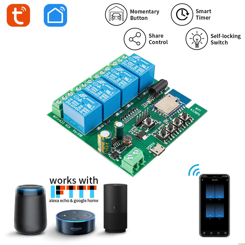 4CH Tuya WiFi Relay Smart Wireless Switch Module 4 Channels 7-32V 85-250V 2200W RF433 Remote Control 10A 4 Way Receiver with Alexa Smart Life APP — view 5