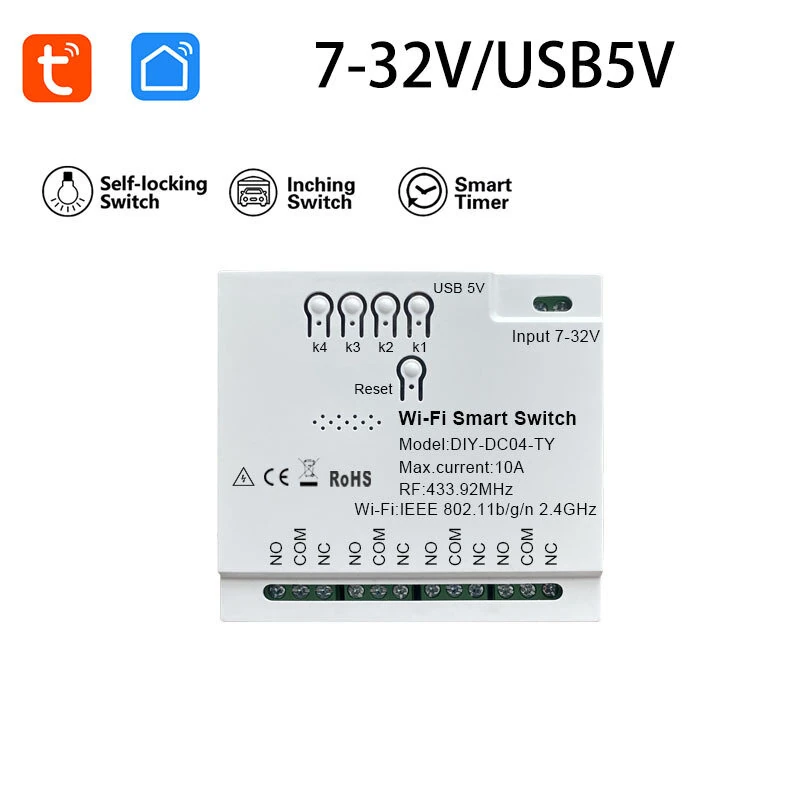 4CH Tuya WiFi Relay Smart Wireless Switch Module 4 Channels 7-32V 85-250V 2200W RF433 Remote Control 10A 4 Way Receiver with Alexa Smart Life APP — view 6