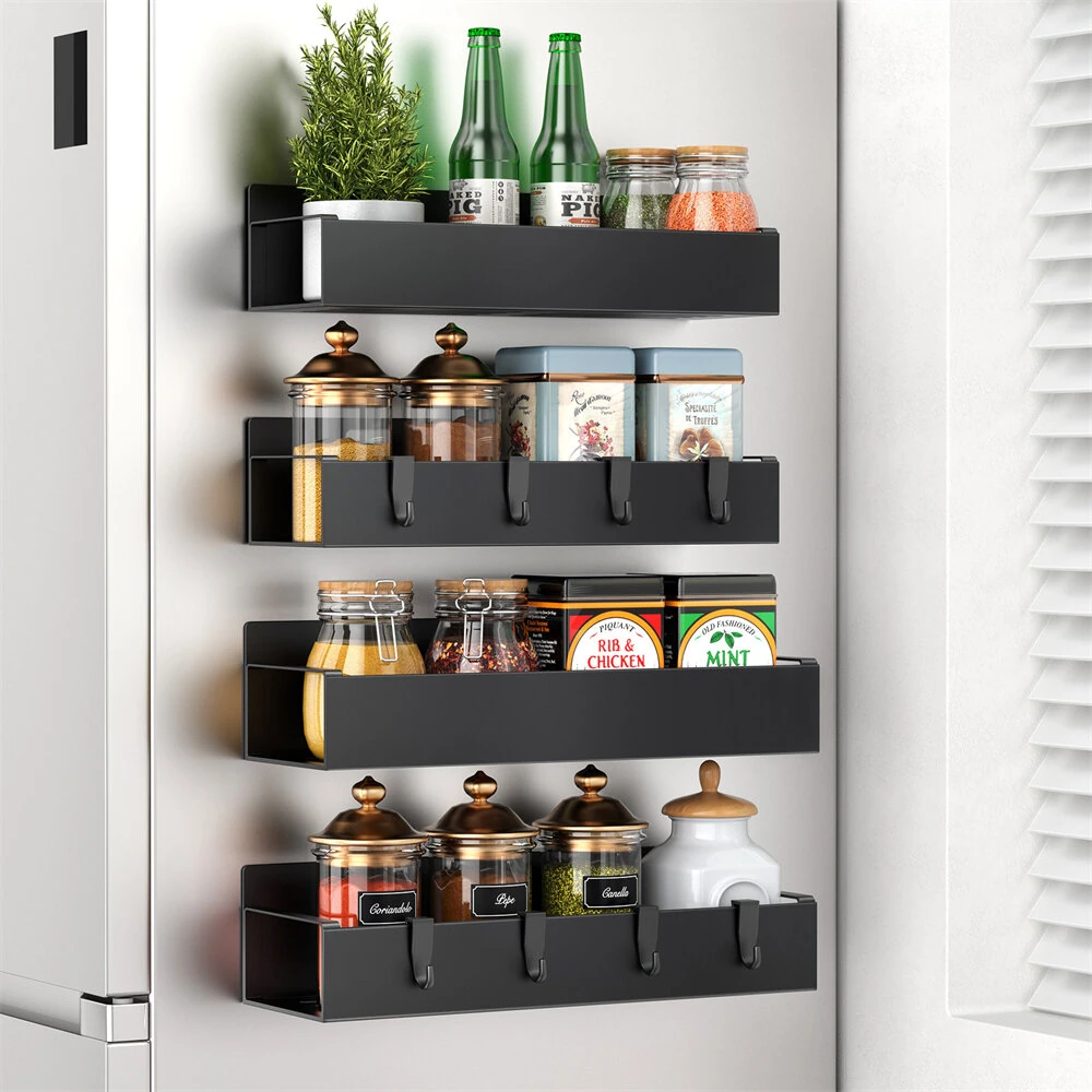 4pcs Magnetic Storage Rack with Hooks Punch-Free Household Kitchen Refrigerator Washing Machine Side Hanging Storage — Pricio