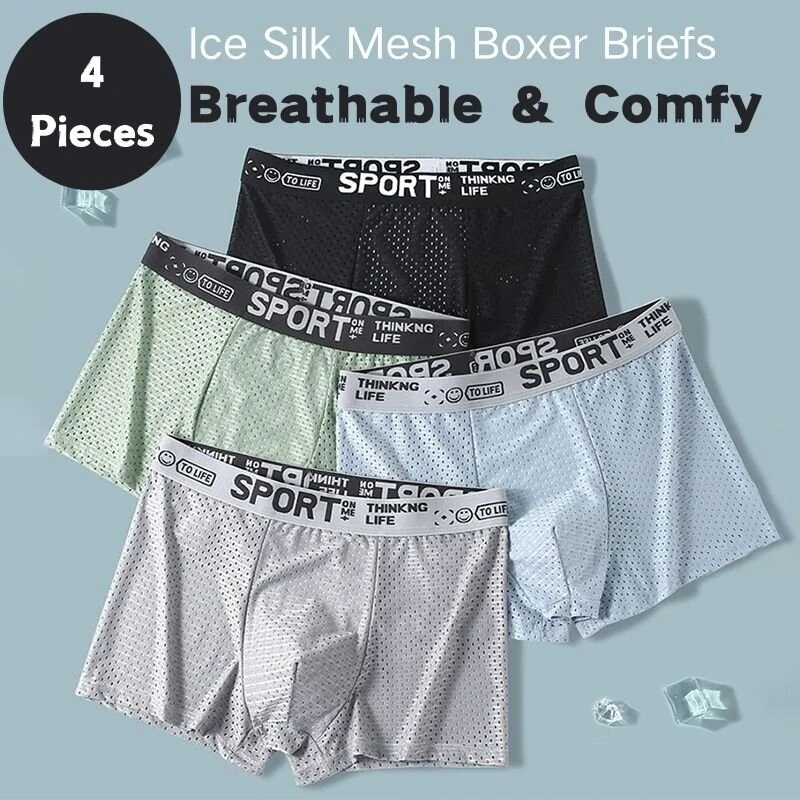 4pcs Men's Ice Silk Cool Boxer Briefs, Mesh Breathable Soft Comfy Stretchy Boxer Trunks, Sports Trunks, Multicolor Men's Underwear — view 11