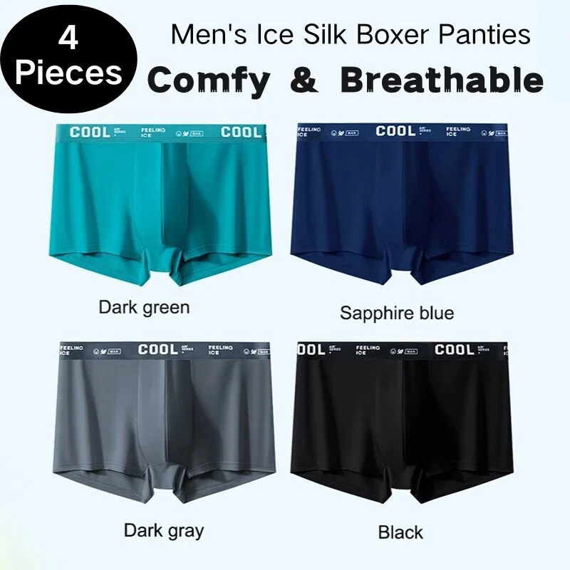 4Pcs Men's Underwear Thin Boxer Briefs Ice Silk Boxer Panties Set Mens Underpants Comfy Breathable Antibacterial Elastic Briefs Plus Size L-5XL — image 1
