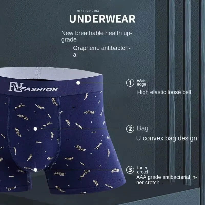 4Pcs Mens Underwear Soft Breathable Cotton Trunks Plus Size Boxer Briefs Short Mid Waist Print Flat Corner Pants — view 3