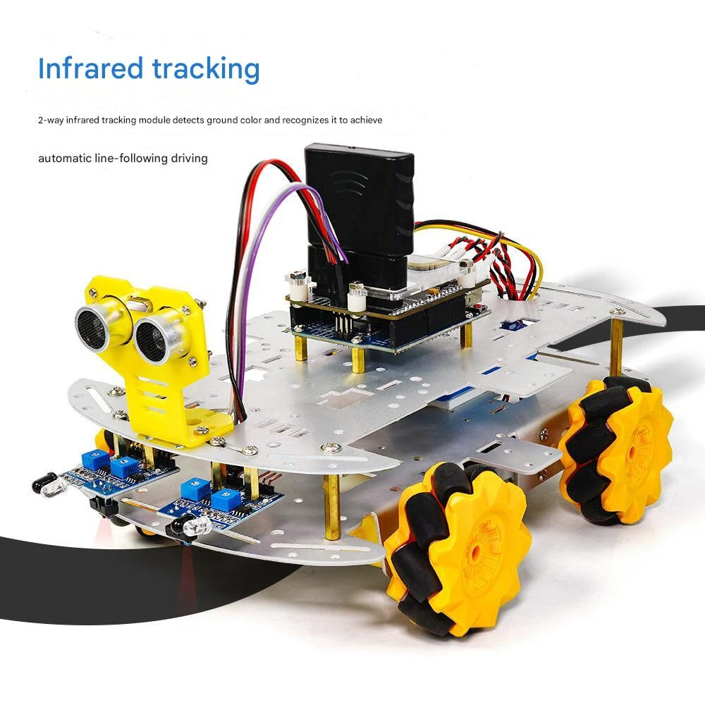 4WD Chassis DIY Intelligent Car Kit Mecanum Wheels Remote Control Ultrasonic Obstacle Avoidance Infrared Tracking Robotics Programming Car Robot — view 2