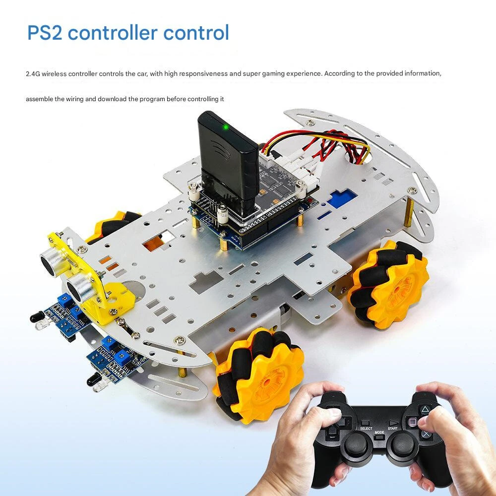 4WD Chassis DIY Intelligent Car Kit Mecanum Wheels Remote Control Ultrasonic Obstacle Avoidance Infrared Tracking Robotics Programming Car Robot — view 3
