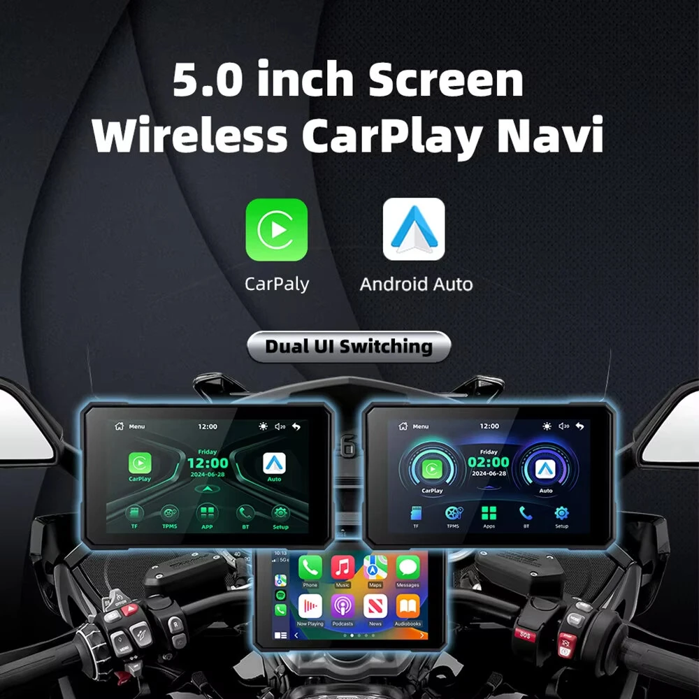 5.0 inch Wireless CarPlay Moto Android Auto Portable Digital GPS Moto Navigation Motorcycle Dashboard Display Screen TPMS — view 2