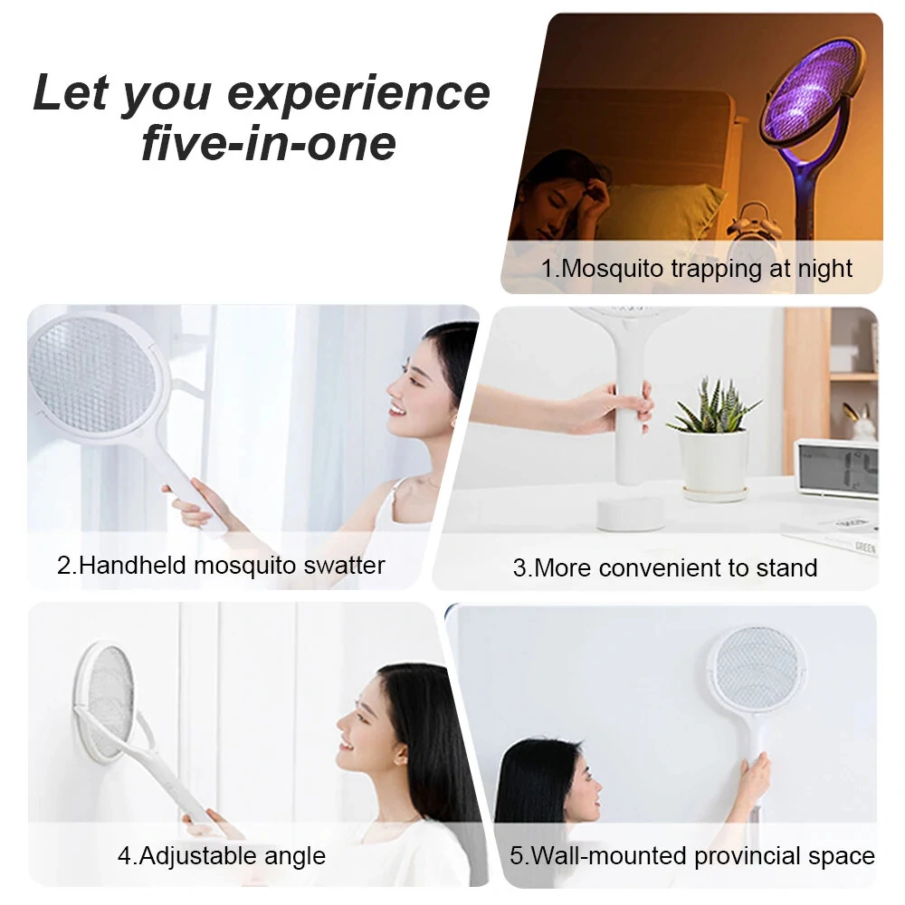 5-in-1 Multifunctional 3500V Mosquito Killer Lamp with Adjustable Angle Bug Zapper Portable Rechargeable Electric Fly Swatter with USB Charging and Quick Charge Feature — view 5