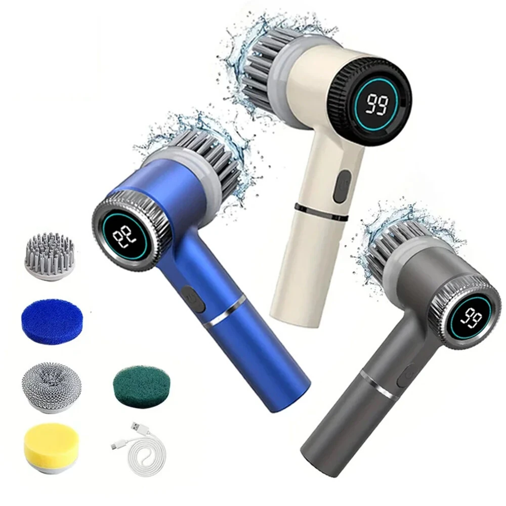 5 in1 Portable Electric Cleaning Brush 5W 1200mAh Rechargeable 3-Speed Adjustable 1600/2000/2400 RPM Cordless Multi-functional Kitchen Dish Scrubber with LED Indicator and USB Charging — Pricio