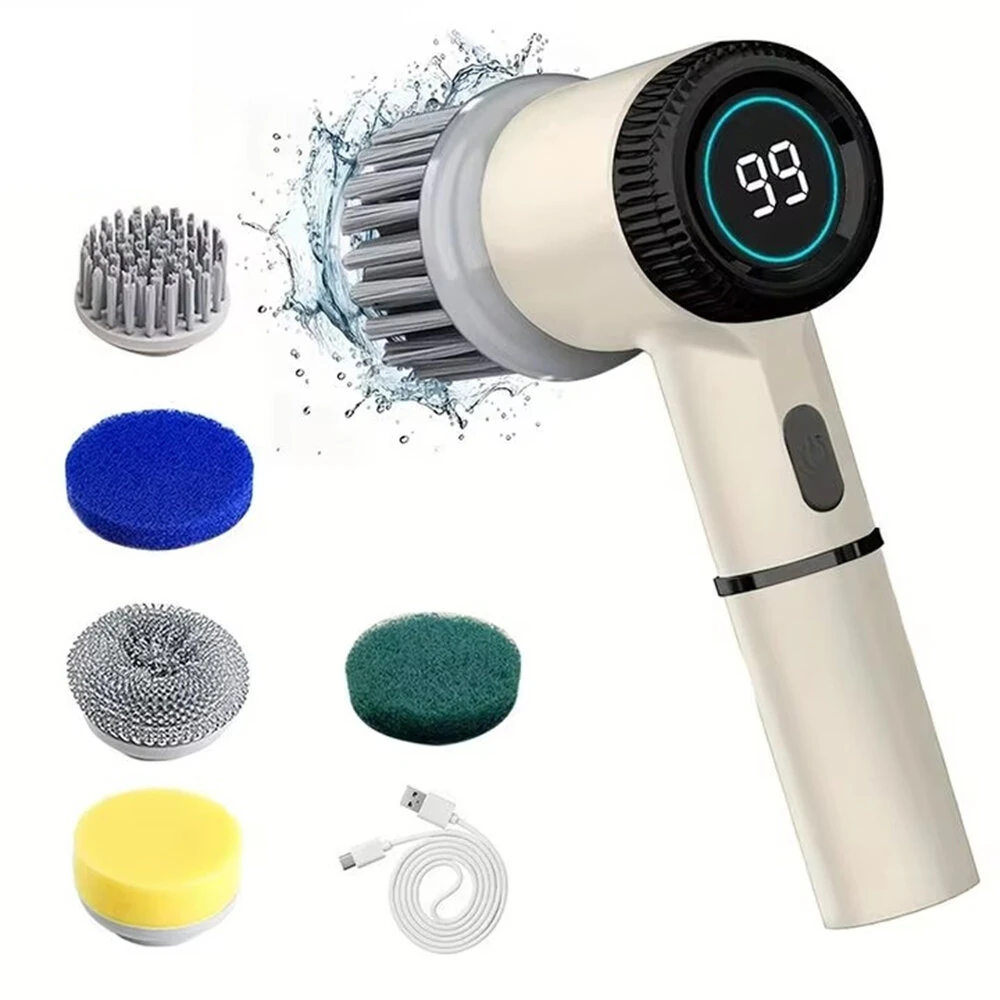 5 in1 Portable Electric Cleaning Brush 5W 1200mAh Rechargeable 3-Speed Adjustable 1600/2000/2400 RPM Cordless Multi-functional Kitchen Dish Scrubber with LED Indicator and USB Charging — view 5